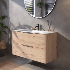 Saniselect Luca Badmeubelset incl. keramieken wastafel 101x46cm naturel eiken met geborsteld zwarte greep