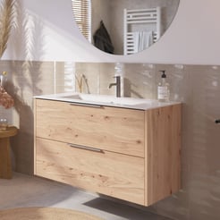 Saniselect Luca Badmeubelset incl. keramieken wastafel 101x46cm naturel eiken met rvs greep