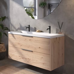 Saniselect Luca Badmeubelset incl. mineraal gegoten wastafel 120x51cm naturel eiken met geborsteld zwarte greep
