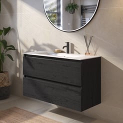 Saniselect Guarda badmeubelset incl. keramieken wastafel 101x46cm eiken zwart met zwarte greeplijst