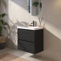 Saniselect Guarda badmeubelset incl. mineraal gegoten wastafel 60x40cm eiken zwart met zwarte greeplijst