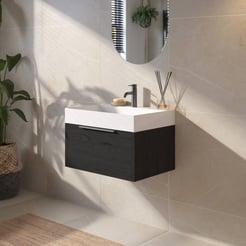 Saniselect Luca Badmeubelset incl. mineraal gegoten wastafel 60x46cm eiken zwart met geborsteld zwarte greep