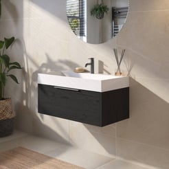 Saniselect Luca Badmeubelset incl. mineraal gegoten wastafel 80x46cm eiken zwart met geborsteld zwarte greep