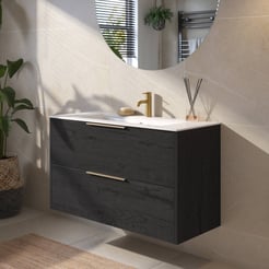 Saniselect Luca badmeubelset incl. keramieken wastafel 101x51cm eiken zwart met messing greep