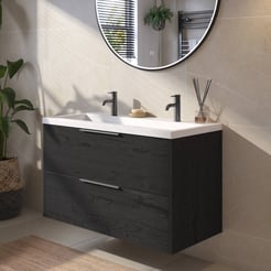 Saniselect Luca Badmeubelset incl. mineraal gegoten wastafel 100x51cm eiken zwart met geborsteld zwarte greep