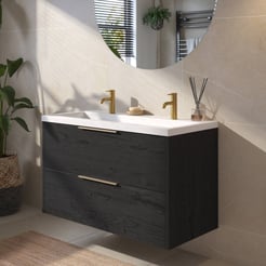 Saniselect Luca Badmeubelset incl. mineraal gegoten wastafel 100x51cm eiken zwart met messing greep