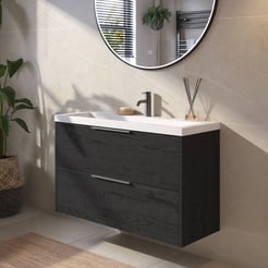 Saniselect Luca Badmeubelset incl. mineraal gegoten wastafel 100x40cm eiken zwart met geborsteld zwarte greep