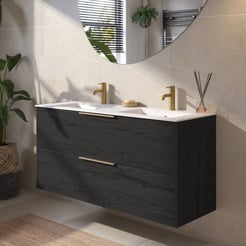Saniselect Luca badmeubelset incl. keramieken wastafel 121x51cm eiken zwart met messing greep