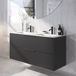 Saniselect Luca Badmeubelset incl. keramieken wastafel 121x46cm zijdeglans zwart met mat zwarte greep