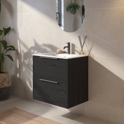 Saniselect Luca badmeubelset incl. keramieken wastafel 61x51cm eiken zwart met grafiet greep