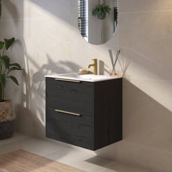 Saniselect Luca badmeubelset incl. keramieken wastafel 61x51cm eiken zwart met messing greep