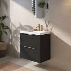 Saniselect Luca Badmeubelset incl. mineraal gegoten wastafel 60x40cm eiken zwart met messing greep