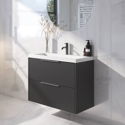 Saniselect Luca Badmeubelset incl. mineraal gegoten wastafel 80x40cm zijdeglans zwart met geborsteld zwarte greep