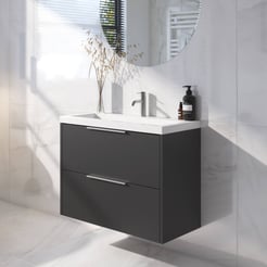 Saniselect Luca Badmeubelset incl. mineraal gegoten wastafel 80x40cm zijdeglans zwart met rvs greep