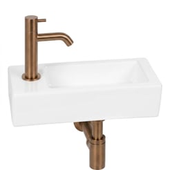Saniselect Parvus fonteinset glans wit keramiek incl. geborsteld koperen kraan links