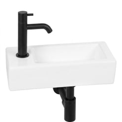 Saniselect Parvus fonteinset glans wit keramiek incl. mat zwarte kraan links