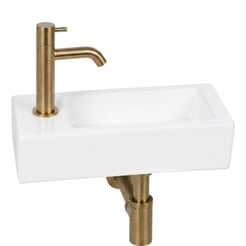 Saniselect Parvus fonteinset glans wit keramiek incl. geborsteld messing kraan links