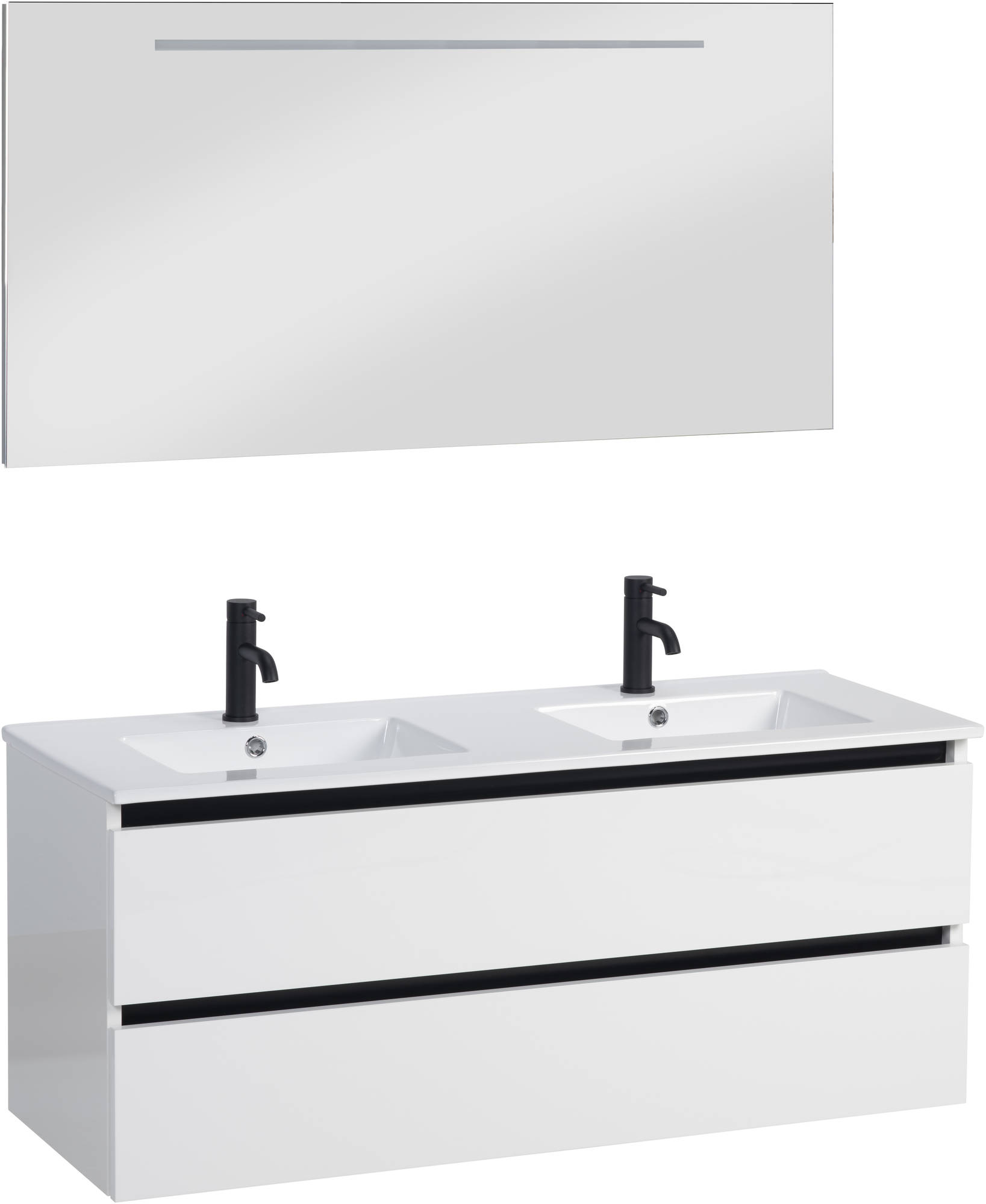 Ben Limara badmeubelset 121x46,5 cm Glans wit/Mat zwart met dubbele wastafel en verlichte spiegel