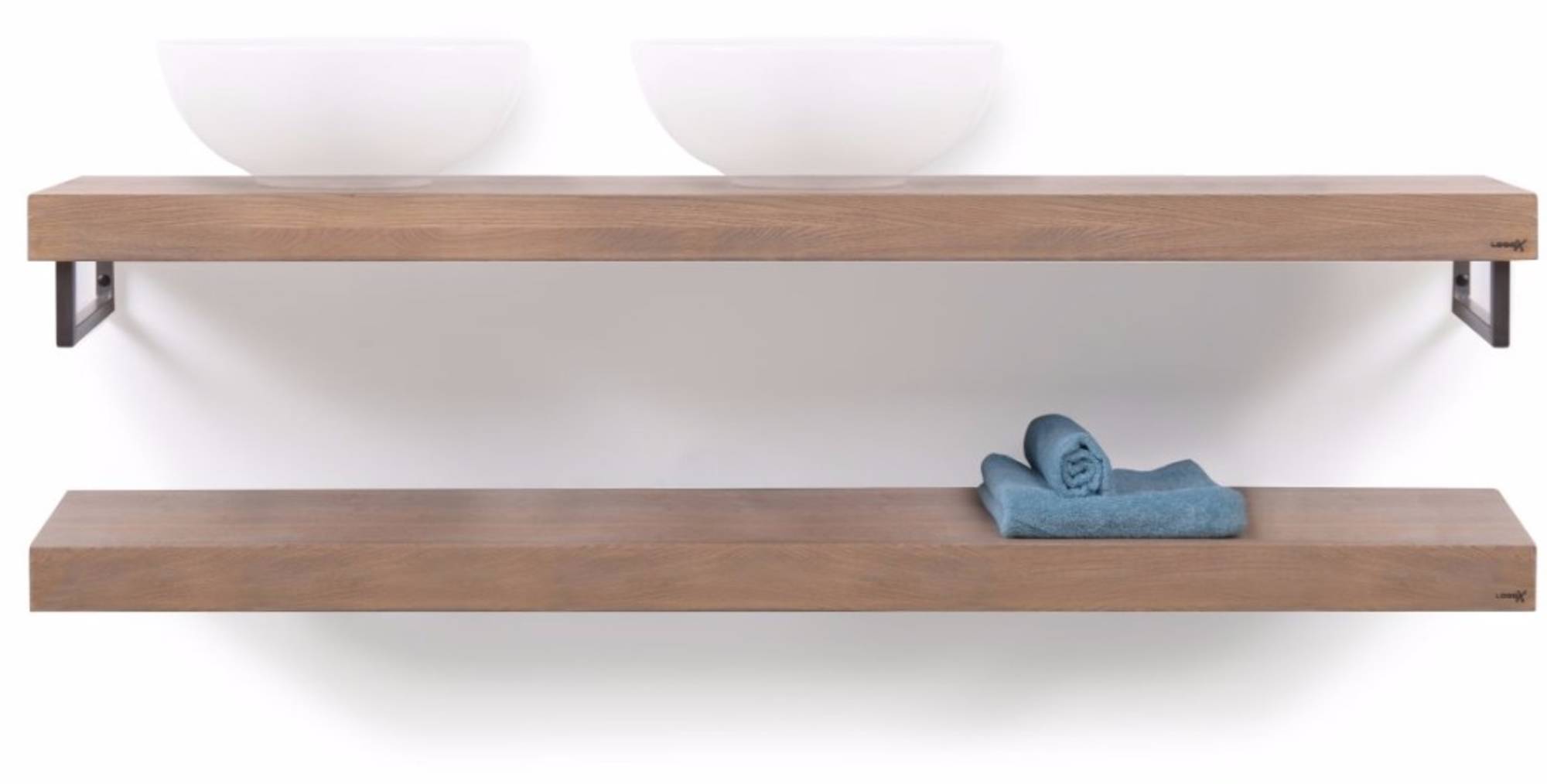 Looox Wooden Base Shelf Duo Eiken 160 cm Old Grey/RVS